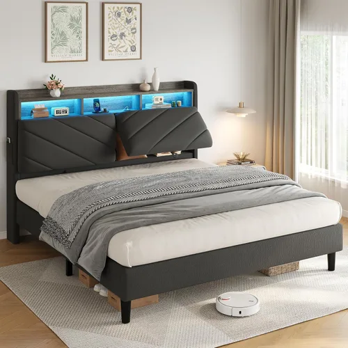 Miniatura 11 de Jocoevol Marco de cama de terciopelo tamaño twin con cabecera ergonómica, plataforma tapizada con luz LED y estación de carga, soporte de listones