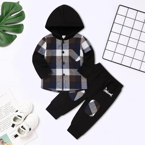 Miniatura 2 de Fuermos Conjunto para niño pequeño - Sudadera y pantalones a cuadros con capucha - Ropa de otoño