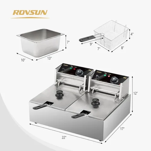 Miniatura 8 de ROVSUN Freidora eléctrica profunda de 22.8QT/21.6L, freidora profunda comercial con tapas y cestas para encimera, freidora de grasa de cocina