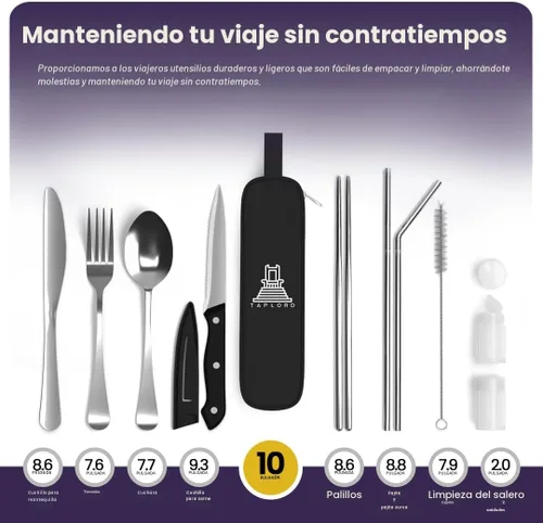 Miniatura 2 de Juego de cubiertos de viaje portátil Taplord con estuche, incluye 10 piezas de utensilios de viaje con estuche, juego de cubiertos de acero Plateado