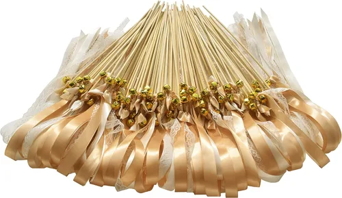 Miniatura 6 de Kingsnow Paquete de 50 varitas de cinta de encaje color champán, serpentinas de fiesta con campanas, varita de hada de seda, recuerdos de fiesta