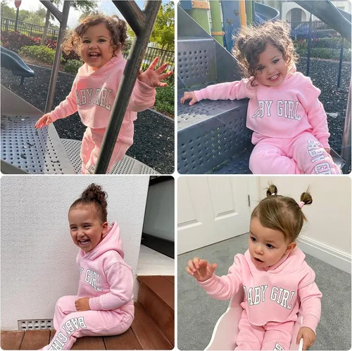 Miniatura 2 de Menglang Conjunto de sudadera corta con capucha y pantalones para niña pequeña para otoño e invierno