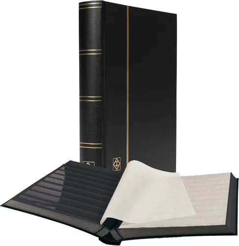 LIGHTHOUSE - Libro de libros de tapa dura "BASIC" para sellos, 64 páginas de cartulina negra A4 con tiras transparentes y bisagras de lino dobles,