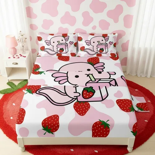 Miniatura 13 de QOOMO Ropa de cama Kawaii Axolotl para niños y niñas, diseño de flor de cerezo rosa, juego de ropa de cama súper suave para niños, con estrellas