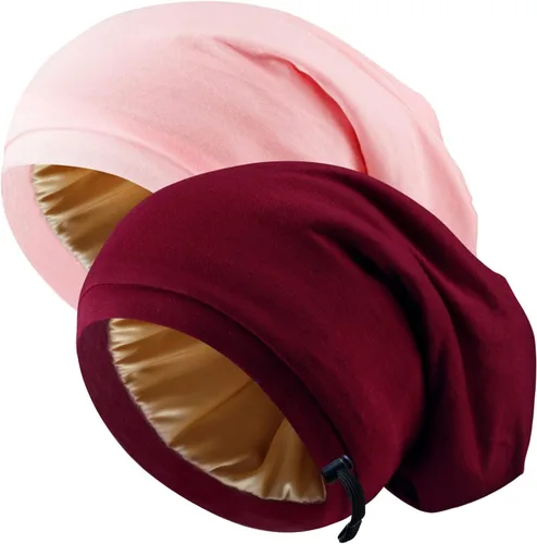 Miniatura 15 de 2 Pcs Adjustable Silk Hair Bonnet for Sleeping, Satin Lined Sleep Cap for Women and Men, Silk Hair Wrap Slouch Beanie.