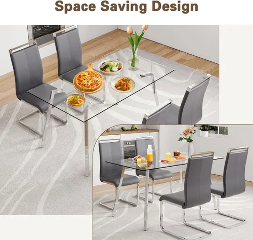 Miniatura 5 de Juego de mesa de comedor de cristal para 4, mesa rectangular con 4 sillas de cocina de cuero gris, juego de comedor de cocina de 51 pulgadas, mesa 4