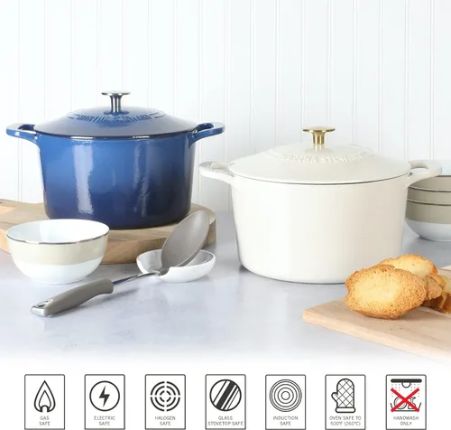 Miniatura 5 de MARTHA STEWART Gatwick - Horno holandés de hierro fundido esmaltado de 7 cuartos de galón, lino blanco con oro, horno holandés resistente para Lino