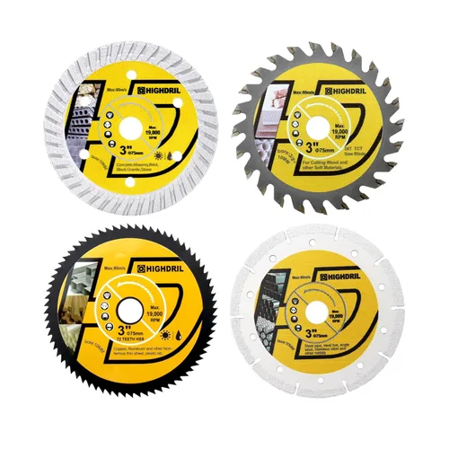 HIGHDRIL Juego de hojas de sierra circular de 3" 75mm, 4 piezas - Disco de corte de diamante/HSS/TCT para amoladora angular para cortar metal