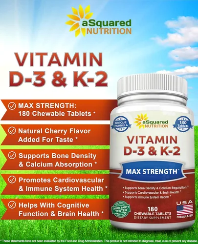 Miniatura 2 de aSquared Nutrition Vitamina D3 con suplemento K2-180 tabletas masticables, colecalciferol D-3 de fuerza máxima y K-2 MK7 para apoyar huesos