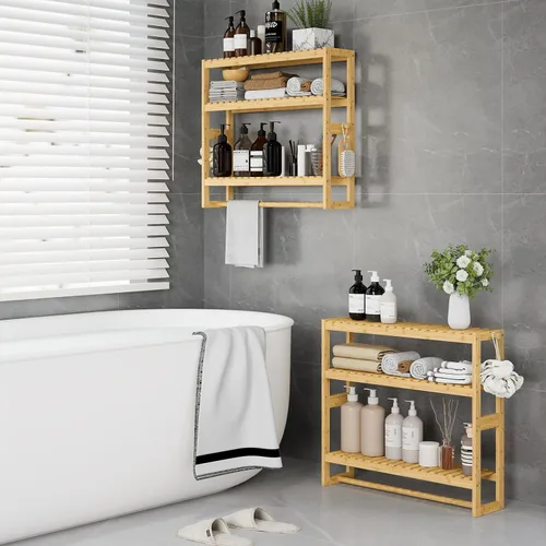 Miniatura 4 de RRX - Estante organizador de almacenamiento para baño, estante ajustable de 3 niveles, color beige Organizador de bambú para almacenamiento sobre