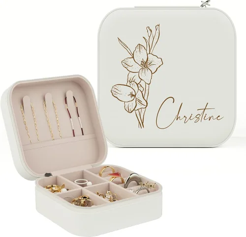 Bemaystar Regalos personalizados para mujer Joyero personalizado, organizador de joyas de viaje pequeño portátil con flor de nacimiento y nombre,