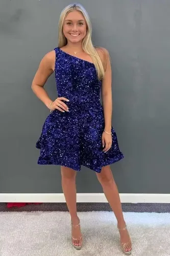 Miniatura 8 de Hjindpr Vestidos de lentejuelas de un hombro para adolescentes, vestido corto de graduación 2024, vestido formal acampanado brillante con bolsillos