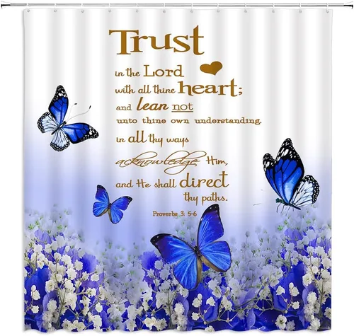Miniatura 7 de GCTNBJL Cortina de ducha con cita inspiradora, diseño de mariposa y flores azules y verde azulado con texto en inglés "Trust in the Lord