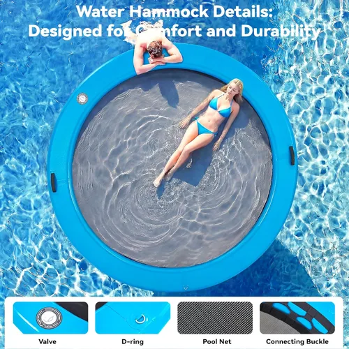 Miniatura 4 de 6-12FT Round Inflatable Floating Dock, Sunchill Float Ring, Water Hammock Tanning Pool Floats with Woven Fabric, Manual Pump for Quick Azul