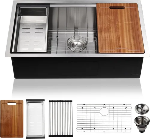 Miniatura 8 de PRUSSIA Fregadero de cocina de 33 pulgadas, 33 x 22 x 10 pulgadas, fregadero de acero inoxidable 304 calibre 16 de un solo tazón Fregadero Topmount