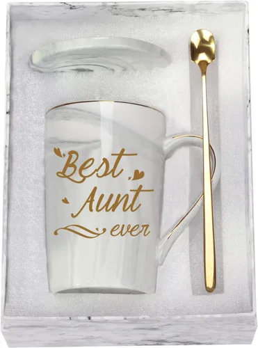 Taza de café Best Aunt Ever de 14 onzas, color gris, con caja de regalo, cuchara y posavasos, regalo perfecto para tía para cumpleaños, día de la