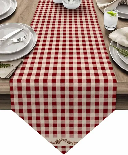 Camino de mesa, bufandas de tocador, color rojo burdeos, búfalo, vintage, estrella, baya, vid, algodón, lino, arpillera, cubierta de mesa estilo