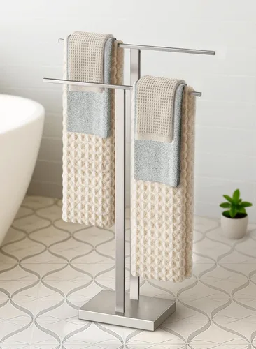 KES Toallero independiente para baño, toallero de piso para baño con base pesada de 2 niveles, soporte doble para toallas de baño de acero Acabado