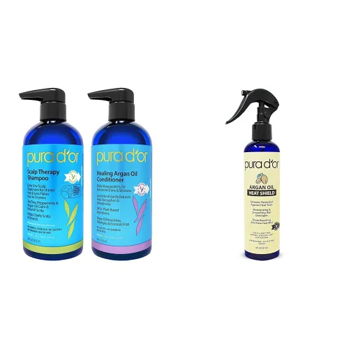 PURA D'OR Juego de champú y acondicionador para terapia del cuero cabelludo (16 onzas líquidas x 2) + aceite de argán protector térmico en aerosol