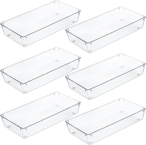 Kingrol Paquete de 6 bandejas organizadoras de cajones transparentes de 12 x 6 x 2 pulgadas, cubos de almacenamiento divisores de cajones de