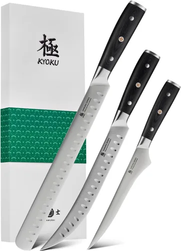 KYOKU Samurai Series - Juego de 3 cuchillos de cocina de 6.5 pulgadas, cuchillo de deshuesar de 12 pulgadas, cuchillo de carnicero de 10 pulgadas,