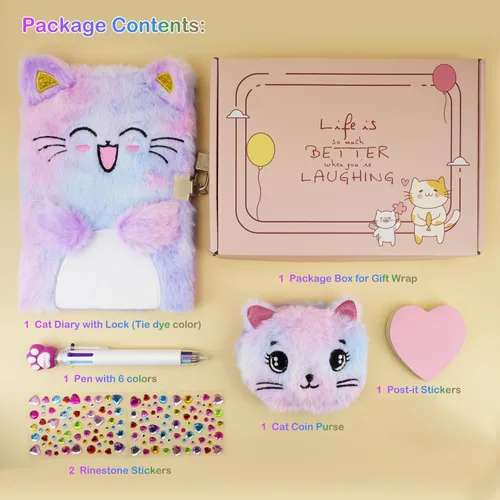 Miniatura 4 de PJDRLLC Diario de gato con cerradura, regalo para niñas de 6, 7 y 8 años, diario secreto con monedero, bolígrafo multicolor, nota post-it