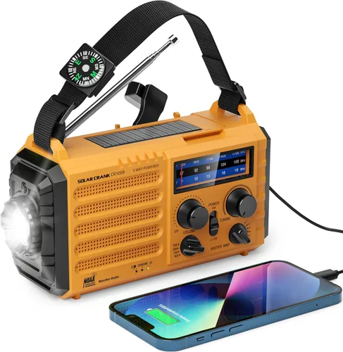 Radio meteorológica de emergencia - Alerta NOAA, manivela solar y manual, alarma SOS, linterna y lámpara de lectura, radio de supervivencia portátil