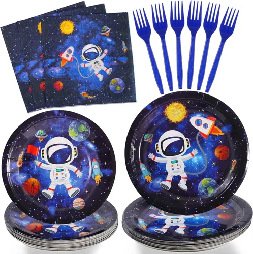 SCIONE Juego de 96 piezas de vajilla para fiestas del espacio exterior, juego de vajilla de fiesta de galaxia, sistema solar, platos de fiesta de