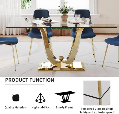 Miniatura 6 de Mesa de comedor moderna de vidrio de 70 pulgadas para 6-8, mesa de comedor de cristal dorado de lujo con base de acero inoxidable en forma de flores