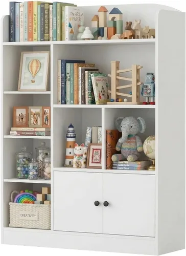 Miniatura 9 de DIYART Estantería negra para niños, estantería para niños con 7 cubos y 2 gabinetes, estantes independientes de almacenamiento para dormitorio, sala
