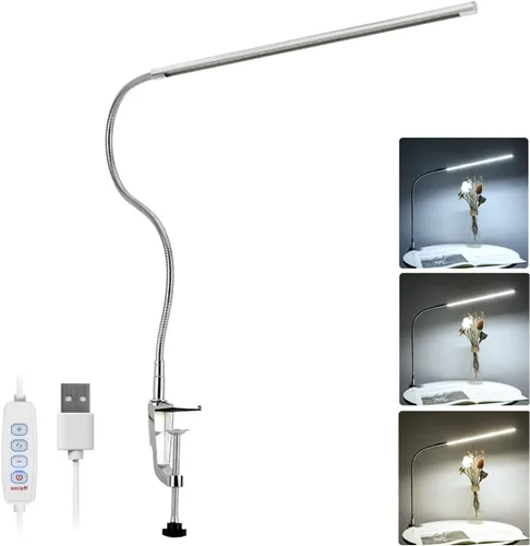 Lámpara de escritorio con abrazadera, 3 modos, 10 brillo, rotación de 360°, luz de lectura para cuidado de los ojos, cuello de cisne flexible de 8 W