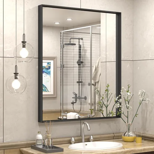 Miniatura 127 de Paquete de 2 espejos de baño con marco de metal negro de 22 x 30 pulgadas, espejo rectangular redondeado negro mate, antioxidante, se cuelga