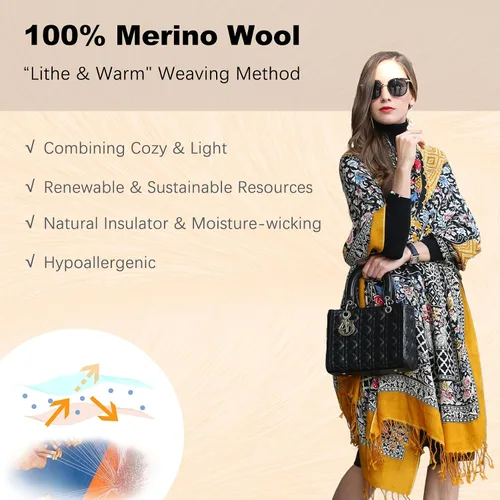 Miniatura 73 de DANA XU Manta de pashmina extragrande 100% de lana merina, bufanda de viaje, bufanda de cachemira para mujer, otoño e invierno, chal de gran