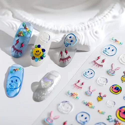 Miniatura 9 de Dedyel Calcomanías de uñas de sonrisa, lindas calcomanías de uñas de dibujos animados 5D en relieve de cara sonriente, calcomanías de uñas Kawaii
