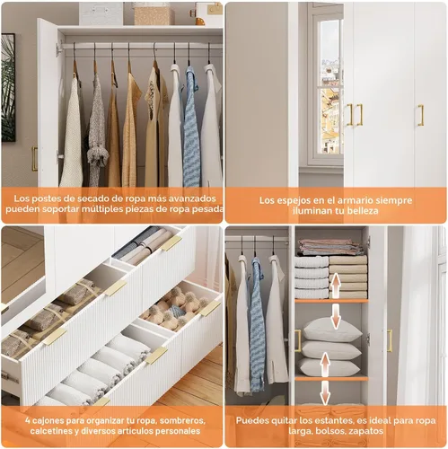 Miniatura 6 de PAKASEPT Armario de 3 puertas, armario de dormitorio con espejo y luces LED, barra para colgar, cajones, armario de almacenamiento de gran capacidad