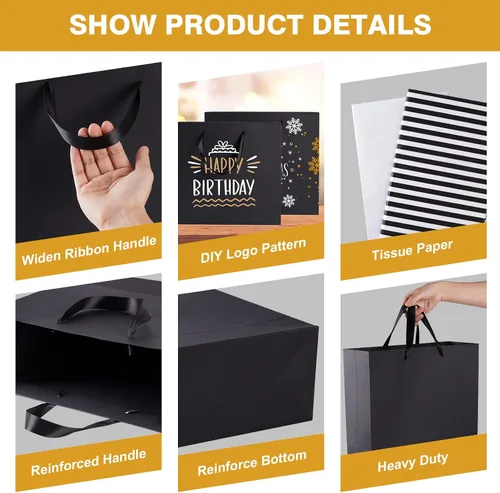 Miniatura 4 de Bolsas de regalo negras extragrandes de 15.7 pulgadas para regalos con papel de seda y asas de cinta para compras, pequeñas empresas, fiestas