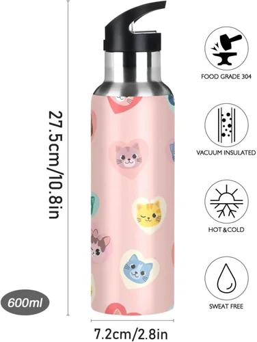 Miniatura 9 de Cute Cartoon Cat Stainless Steel Water Bottle 32 Oz, BPA-Free Sports Water Bottle with Straw Leakproof Water Bottles