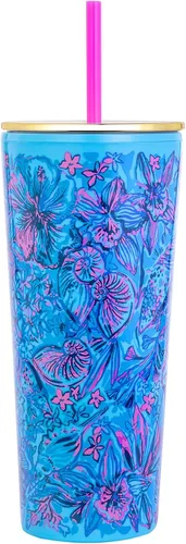 Lilly Pulitzer Vaso de doble pared con tapa y popote reutilizable, vaso de plástico azul, vaso de viaje aislado con capacidad para 24 onzas, Shells