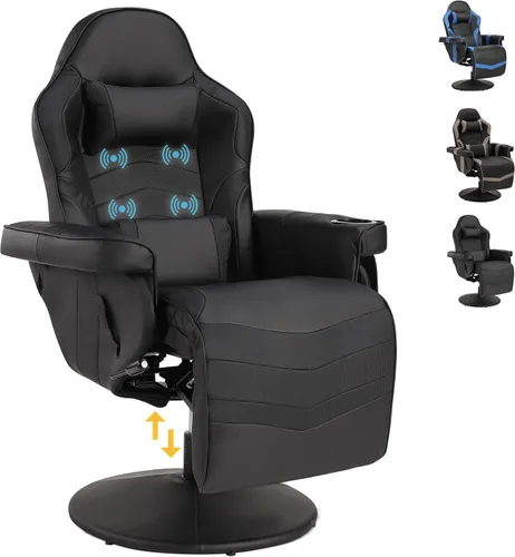 Miniatura 3 de Silla reclinable con altura ajustable, silla de juegos de PU con masaje, reposapiés largo y soporte lumbar, silla giratoria de respaldo alto