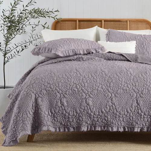 Miniatura 20 de HORIMOTE HOME Edredón beige con volantes, tamaño individual, microfibra lavada a la piedra, ligera, arrugada, rústica, desgastada, elegante, 2