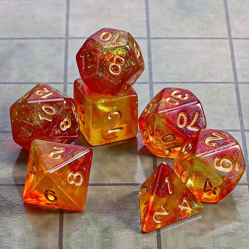 Miniatura 2 de CiaraQ DND - Juego de dados poliédricos con una bolsa de dados negra para juegos de mesa de rol D&D RPG MTG Rojo mezclado con naranja + purpurina