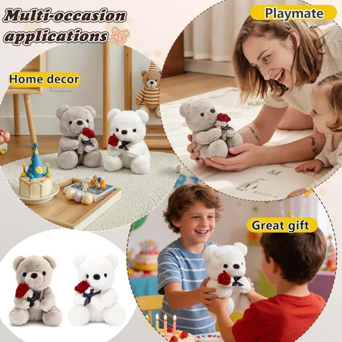 Miniatura 6 de HWD Oso de peluche de 9.8 pulgadas con rosa, muñeca de felpa suave, juguetes de peluche, regalos para ella/novia, amante, mamá, niños pequeños (gris)