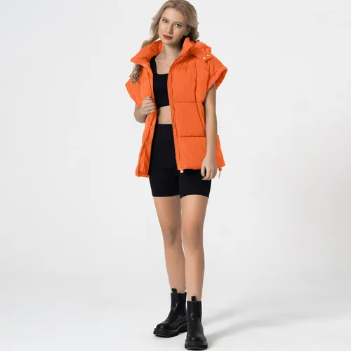 Miniatura 14 de Shiyifa Chaleco acolchado para mujer, chaqueta de gran tamaño, sin mangas, ligera, con cremallera, con capucha desmontable