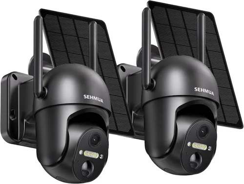 SEHMUA Paquete de 2 cámaras inalámbricas para exteriores, cámaras de seguridad solar 2K inalámbricas para exteriores con visión de 360°, seguridad