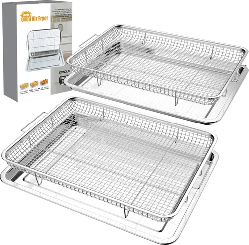 Cesta para freidora de aire para horno de 12.8 x 9.6 pulgadas, paquete de 2 cestas grandes para freidora de aire y bandeja de acero inoxidable para