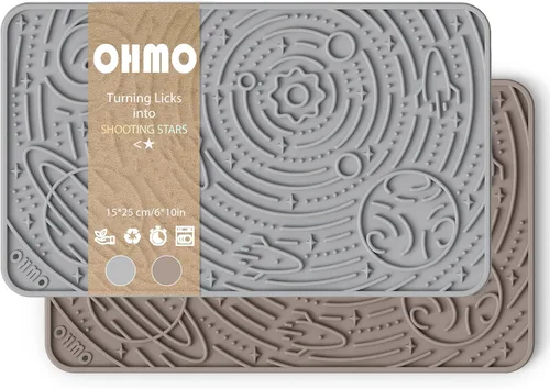 OHMO Alfombrilla para lamer perros y gatos, (Ash+Beige, 2 piezas, 9.8 x 5.9 pulgadas), diseño de galaxia, alimentador lento con ventosas, mantenlos