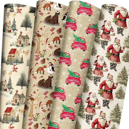 Miniatura 14 de ZINTBIAL Papel de regalo de Navidad para niños y adultos, papel de regalo de Navidad con cuadros rojos/negros, renos, gnomos, palabras "Ho Ho", 28 x
