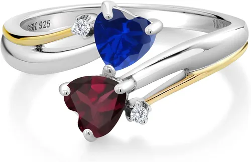 Miniatura 2 de Gem Stone King Anillo de plata de ley 925 y oro amarillo de 10 quilates, granate rodolita rojo zafiro y diamante cultivado en laboratorio para mujer