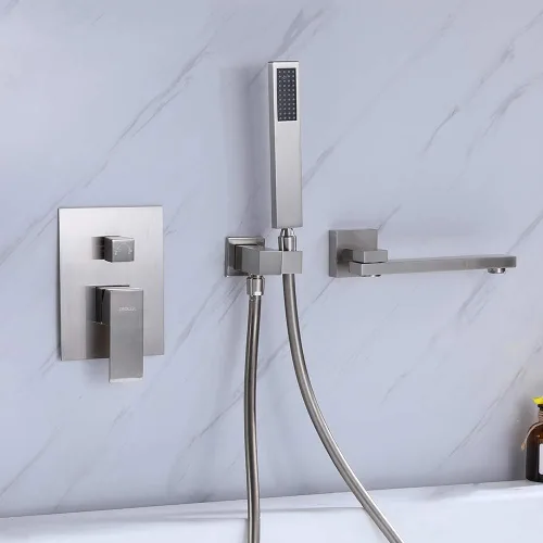 Miniatura 6 de Grifo de bañera montado en la pared con ducha de mano, grifo de ducha de baño de latón macizo de níquel cepillado con boquilla de agua giratoria