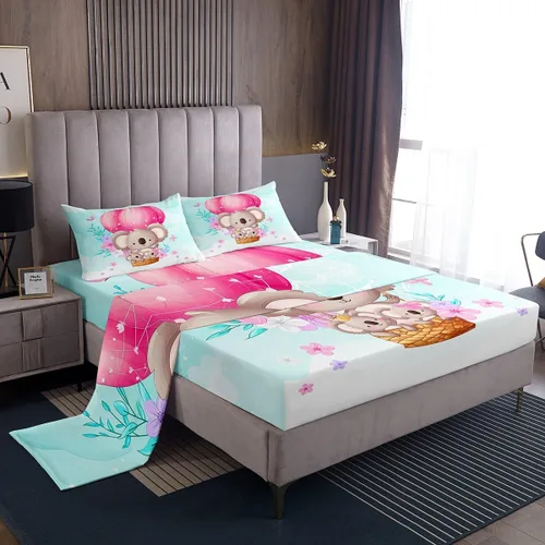 Manfei Koala - Juego de sábanas tamaño individual, juego de ropa de cama con globo aerostático rosa para decoración de habitación de niños y niñas,